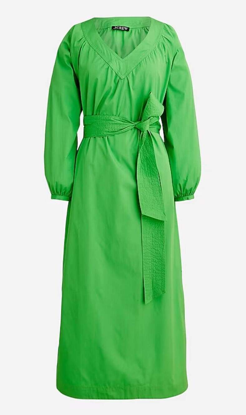 J CREW Women’s Tie-Waist Lime Green Poplin Dress V-Neck Pleated Midi Small NWT